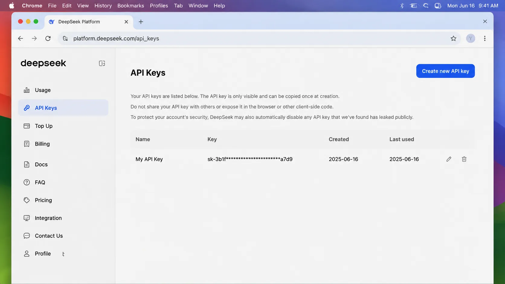 DeepSeek API Keys page